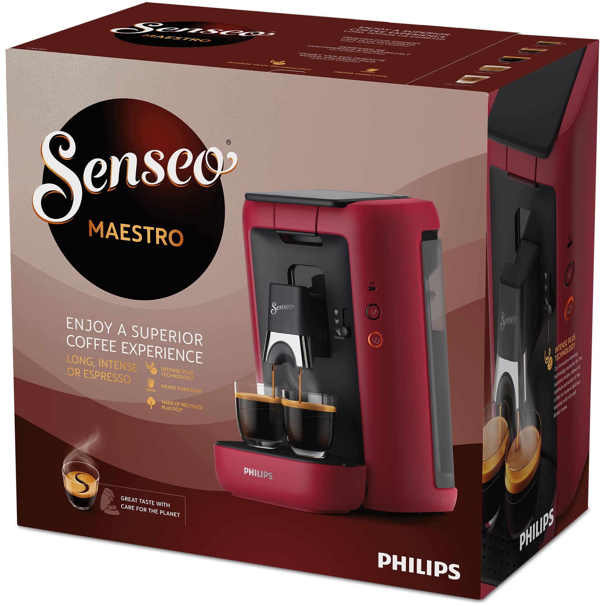SENSEO Maestro Machine à Café à Dosettes, Réservoir 1,2 L, Intense Plus, Fonction Mémo, Rouge – CSA260/91
