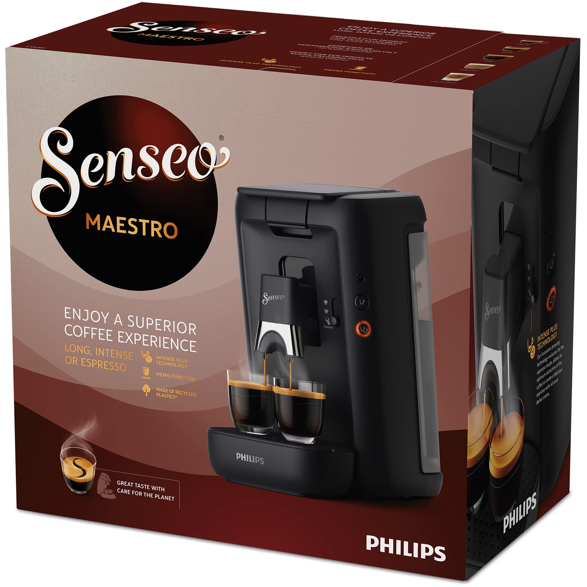 SENSEO Maestro Machine à Café à Dosettes, Réservoir 1,2 L, Intense Plus, Fonction Mémo, Noir – CSA260/61
