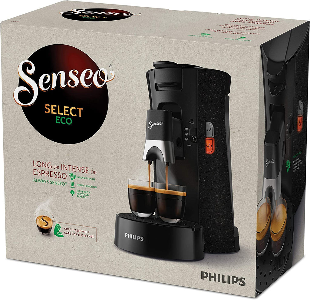 SENSEO Select Eco Machine à Café à Dosettes, Choix de la Force Plus, Fonction Mémo, Noir Moucheté – CSA240/20