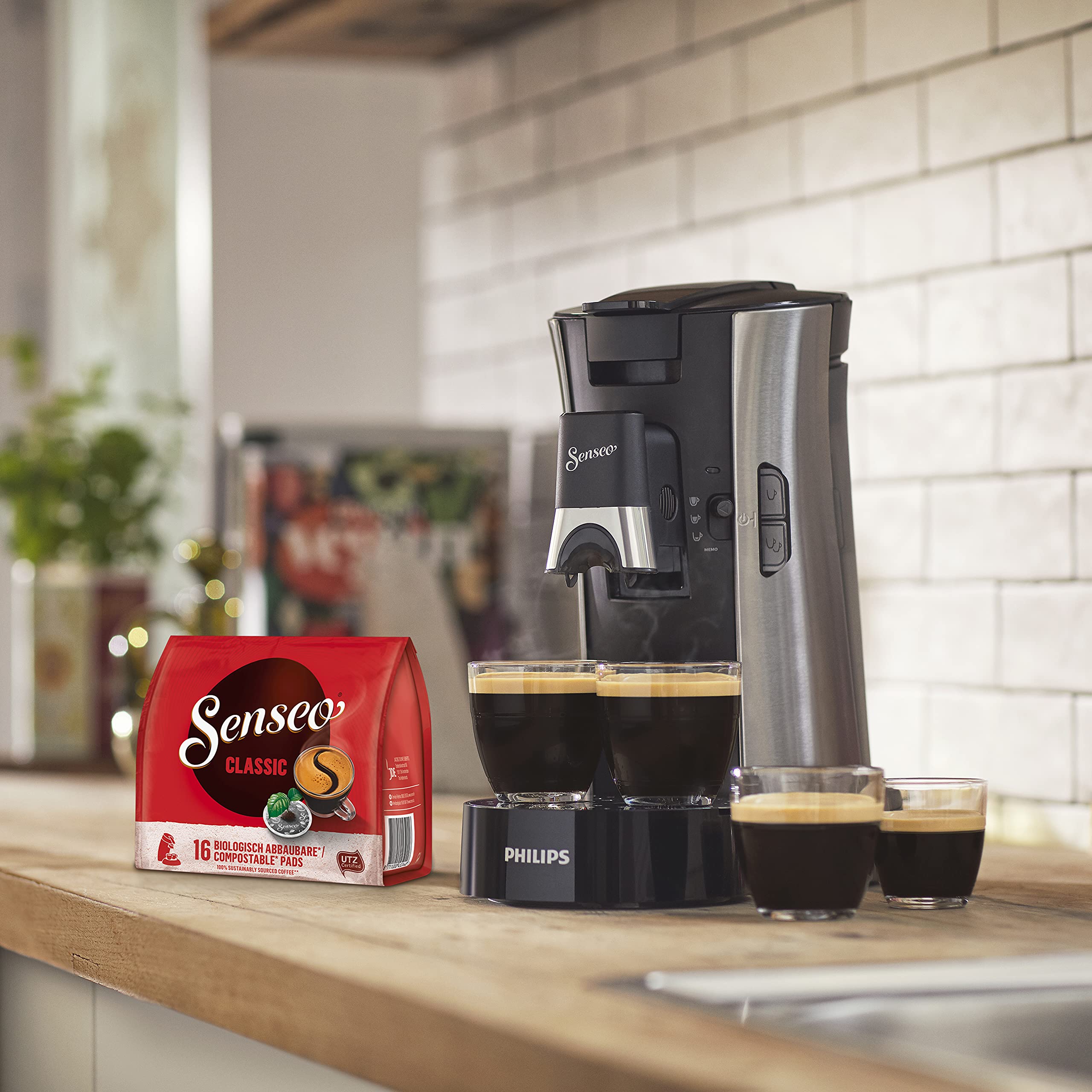 SENSEO Select Eco Machine à Café à Dosettes, Choix de la Force Plus, Fonction Mémo, Crema Plus, Acier Brossé – CSA250/10